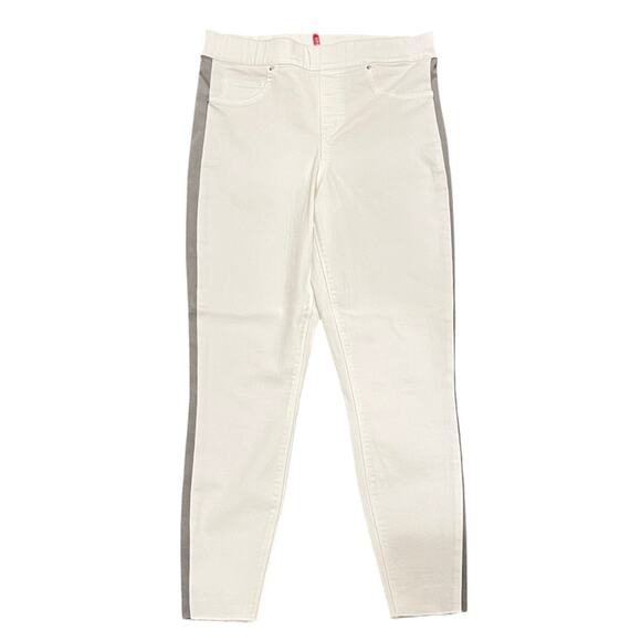 Spanx Side Stripe White Vintage Grey Distressed Raw Hem Stretch Skinny Jean NWOT - Picture 3 of 9